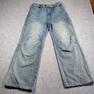Ditch LA Mens Baggy Wide Leg Distressed Light Wash Blue Denim Jeans 30x28